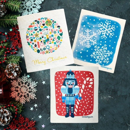 Bundle of 3 Swedish Dishcloths | Blue Nutcracker, Ornament Ball, Blue Snowflakes
