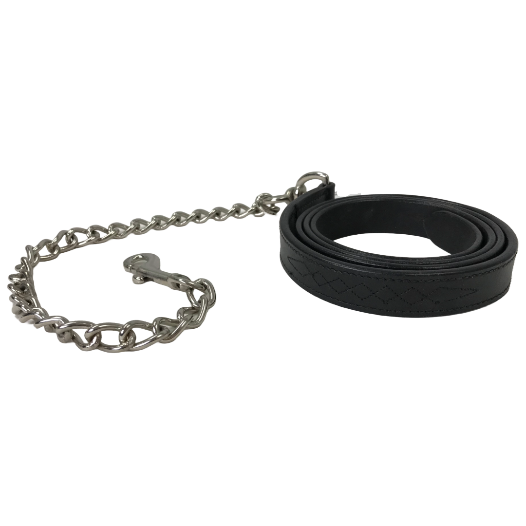 Derby Originals Multipurpose Fancy Stitch Black Leather Lead for Cattle, Horse or Dog with Chain and Swivel Snap-One Year Limited Warranty