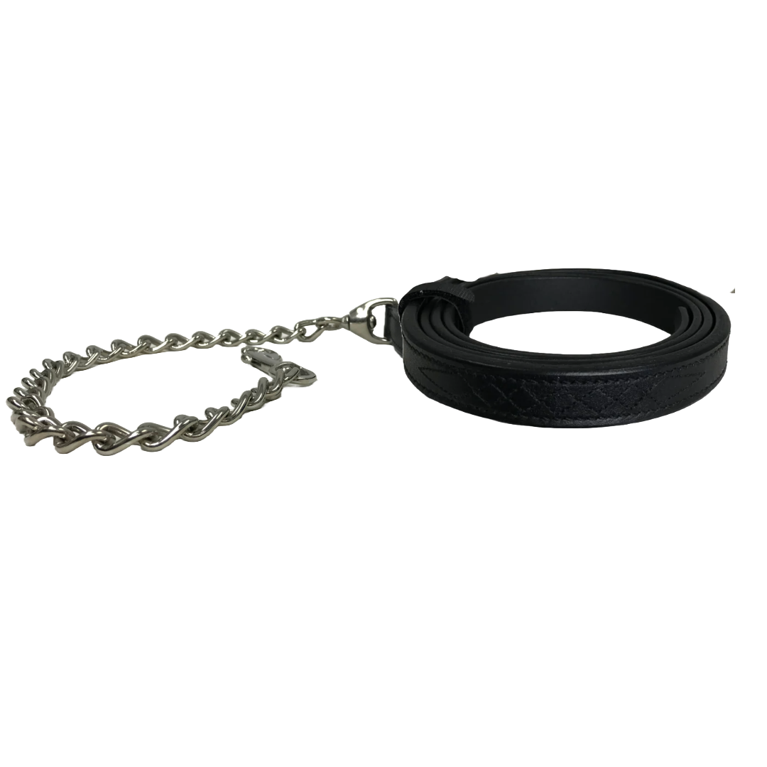 Derby Originals Multipurpose Fancy Stitch Black Leather Lead for Cattle, Horse or Dog with Chain and Swivel Snap-One Year Limited Warranty