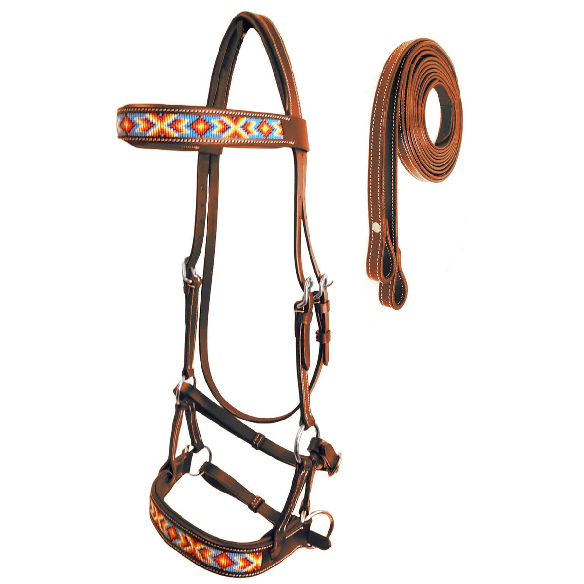 Tahoe Bitless Leather Horse Bridle - Turquoise Navajo Beaded Browband & Noseband with Split Reins, 1-Year Warranty