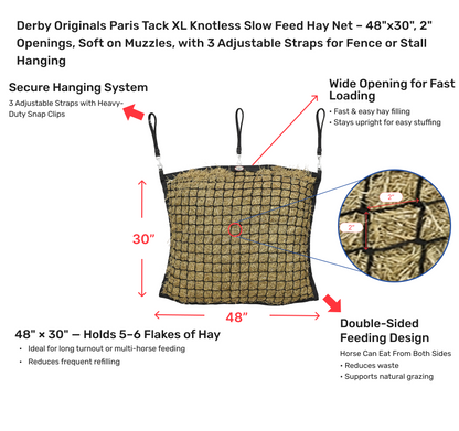 Derby Originals Paris Tack XL Knotless Slow Feed Hay Net – 48"x30", 2" Openings, Soft on Muzzles, with 3 Adjustable Straps for Fence or Stall Hanging