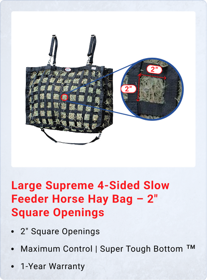Derby Originals Superior 4-Sided Slow Feeder Horse Hay Bag, 2" Square Openings, Patented Design, Super Tough Bottom®, 1 Bale Capacity, 1-Year Warranty