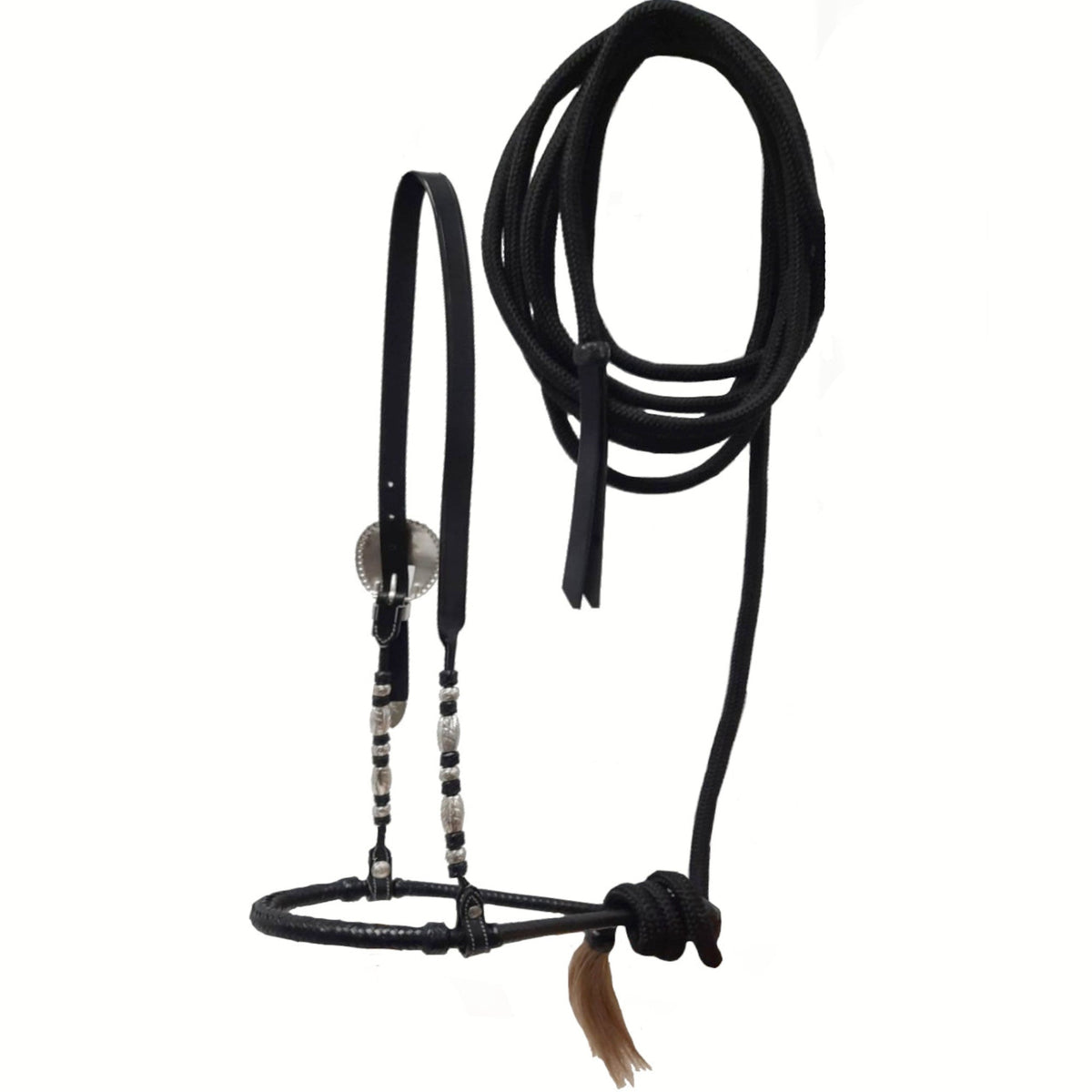 Tahoe 3/8" Bosal with Leather Hanger and Ferrules – Complete Equestrian Set with 23 Ft Quality Rope Mecate & Horsehair Tassel