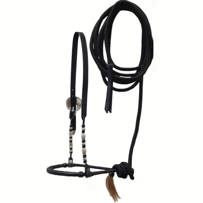 Tahoe 3/8" Bosal with Leather Hanger and Ferrules – Complete Equestrian Set with 23 Ft Quality Rope Mecate & Horsehair Tassel