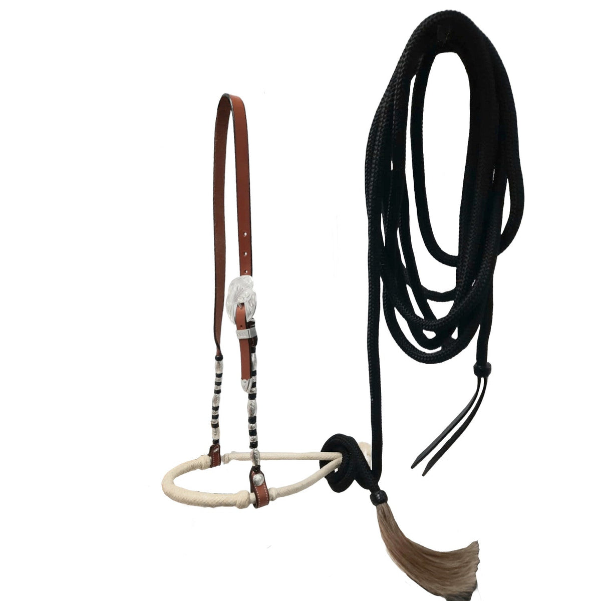 Tahoe 3/8" Bosal with Leather Hanger and Ferrules – Complete Equestrian Set with 23 Ft Quality Rope Mecate & Horsehair Tassel