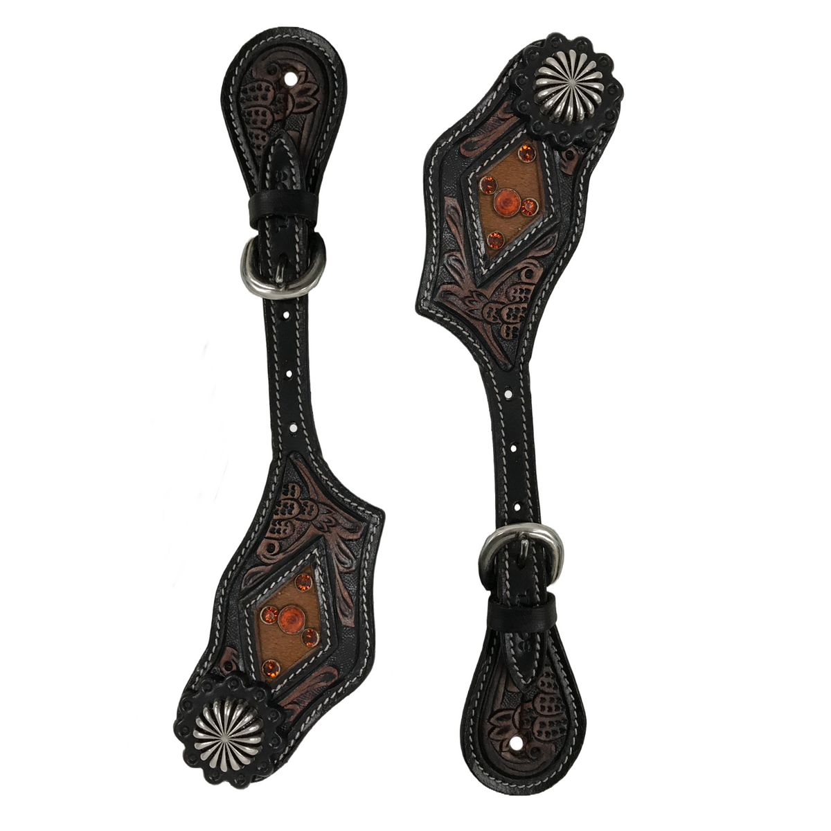 Tahoe Hand Tooled Leather Western Spur Straps with Antique Parchute Concho Unisex Pair