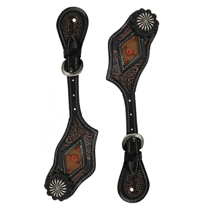 Tahoe Hand Tooled Leather Western Spur Straps with Antique Parchute Concho Unisex Pair