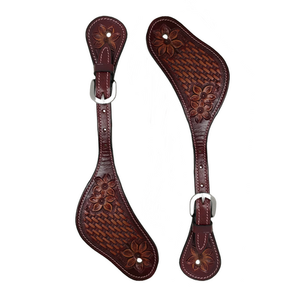 Tahoe Hand Tooled Basket Weave Leather Western Spur Straps Unisex Pair
