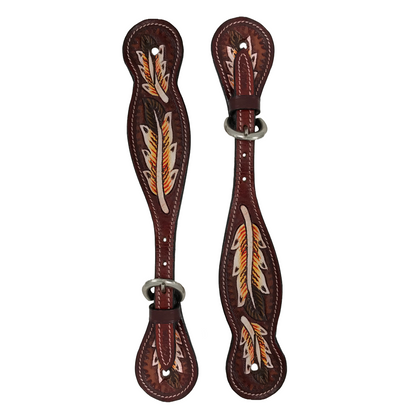 Tahoe Hand Tooled Leather Western Spur Straps with Feather Design Unisex Pair