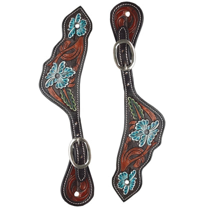 Tahoe Hand Tooled Turquoise Floral and Leaf Leather, Hand Painted Spur Straps Unisex Pair for Horse Riding, Barrel Racing and Horse Shows