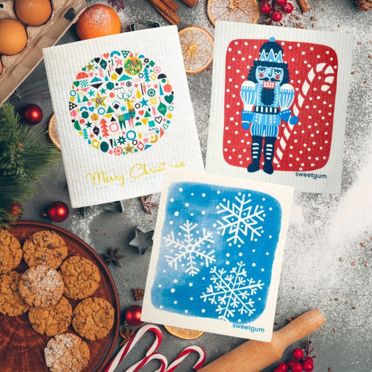 Bundle of 3 Swedish Dishcloths | Blue Nutcracker, Ornament Ball, Blue Snowflakes