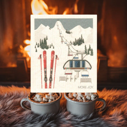 Skiing Swedish Dishcloth | Red skis Grey and white