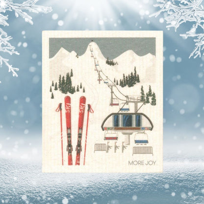 Skiing Swedish Dishcloth | Red skis Grey and white